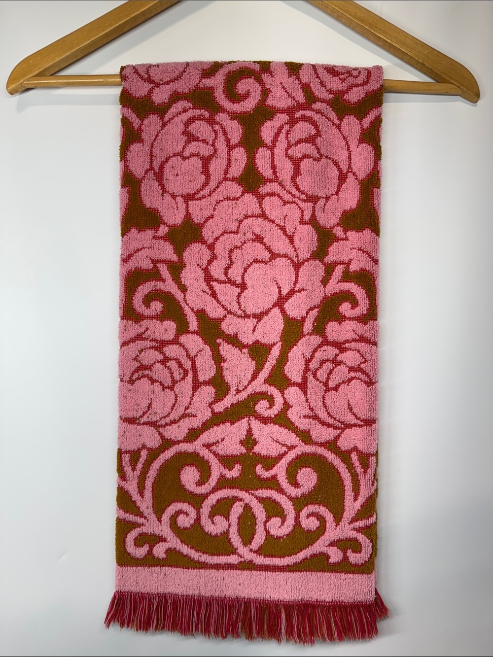 Vintage 70s Fieldcrest Towel Set Pink & Mustard Gold Floral Jacquard Fringe MCM